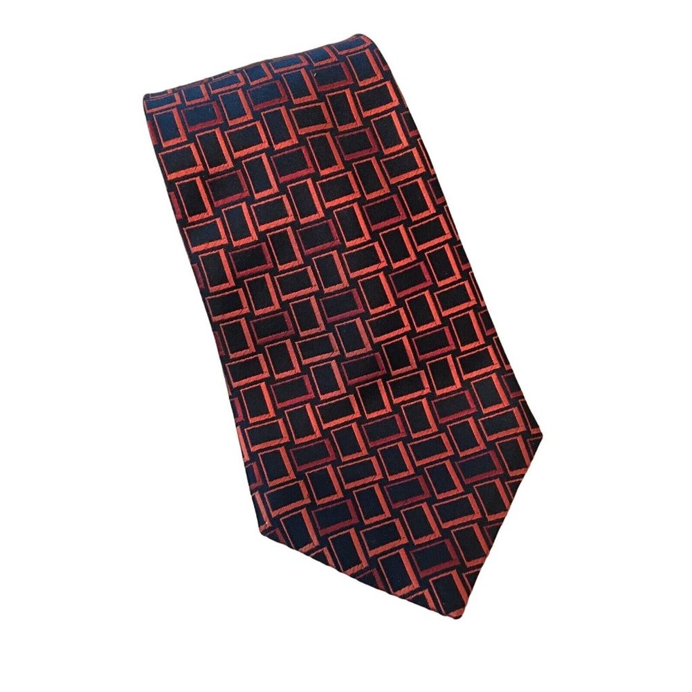 Geoffrey Beene 100% Silk Red Black Abstract Squares Men’s Tie Stain Resistant
